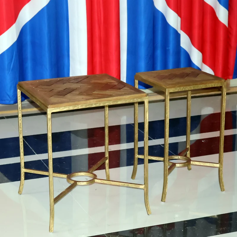 wholesale coffee table set 2  modern square wooden top metal steel side table for living room metal forged iron smart table