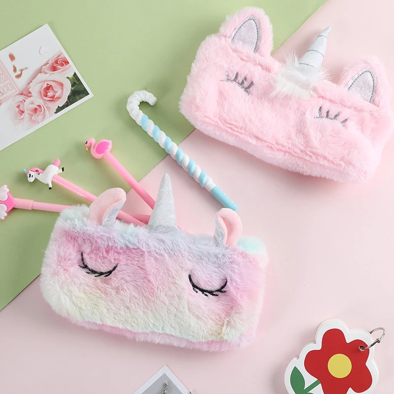 Flocking emulates fur unicorn custom school cute pencil case for girls