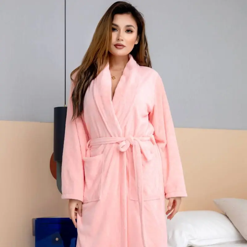Color Custom hooded flannel adult bathrobe plush sleepwear soft warm night gown pockets design fall pajamas for ladies