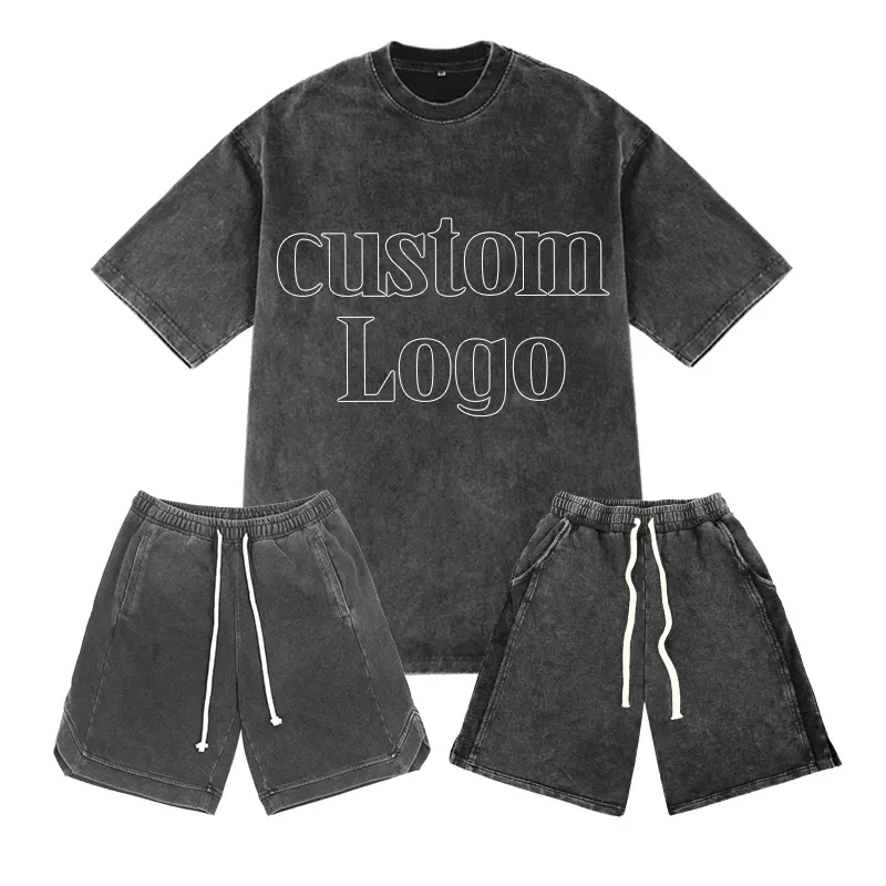 High Quality Custom Logo  Two Piece Mens Summer Suit 2 Piece Acid Wash Vintage Shorts And T Shirt Set For Men