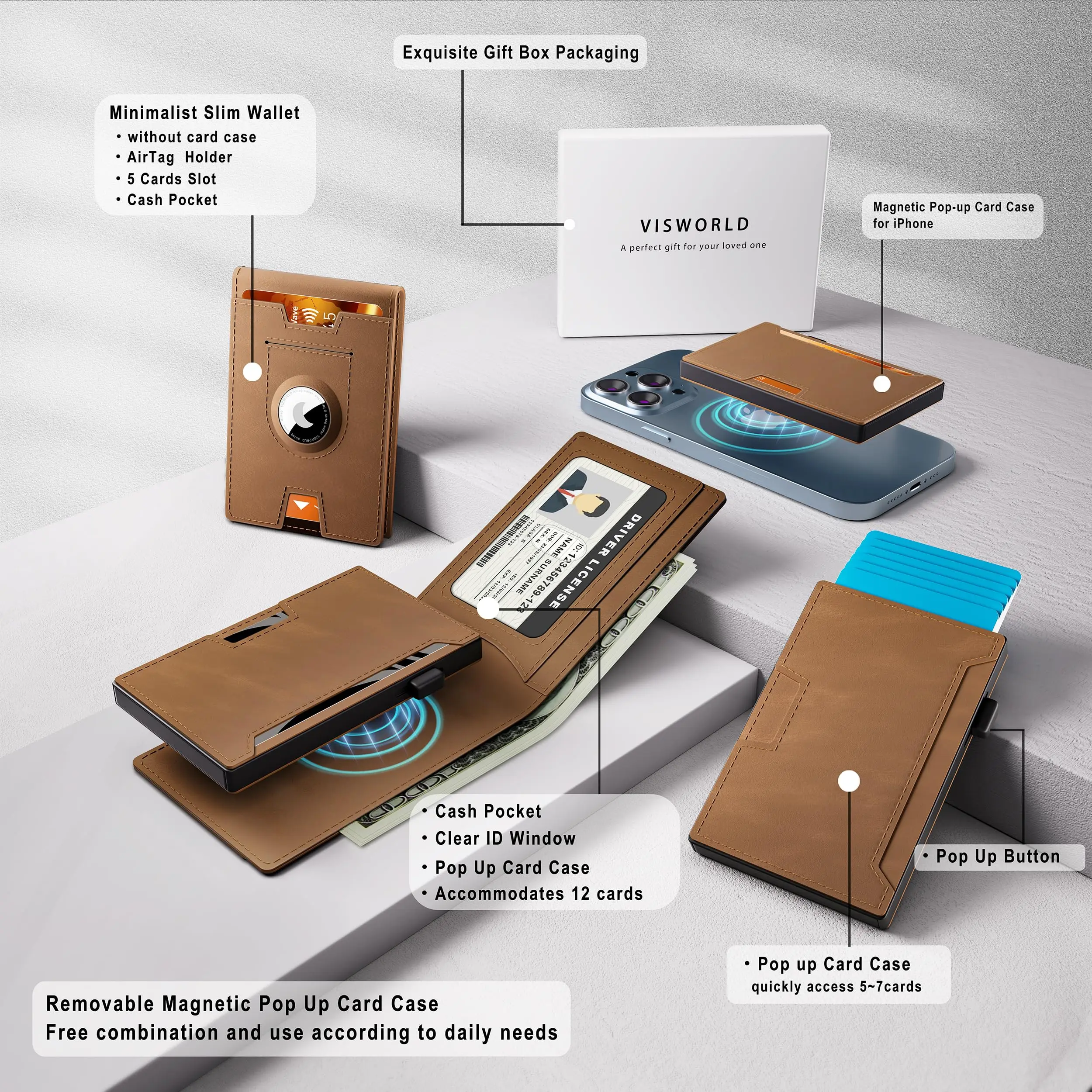 Custom Logo Pop Up Credit Card Holder Air Tag Wallet RFID Blocking Minimalist Carbon Fiber PU Leather Metal Aluminum Wallet