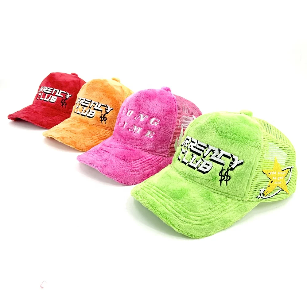 Wholesale High Quality Embroidered logo Mesh Trucker Hat Fluffy Fuzzy Velvet Trucker Hats