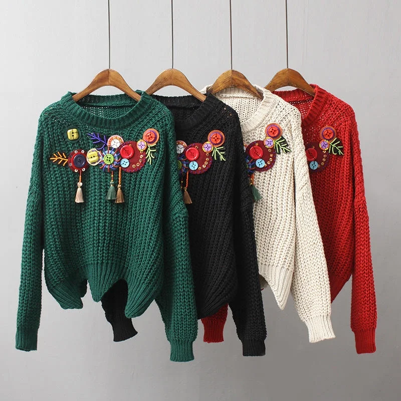 Korea style new winter design warm sweater button Pullovers thick  hand made Unique lady sweater