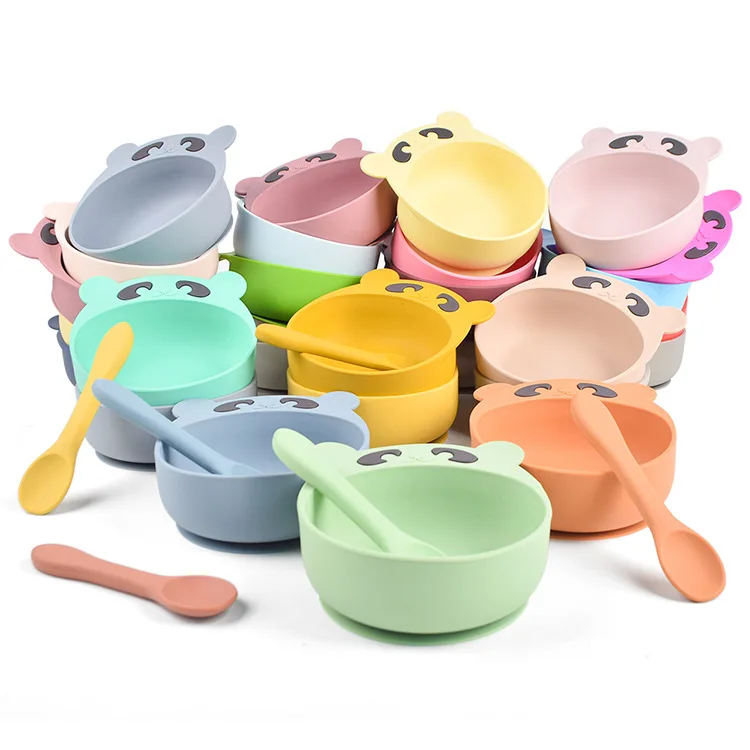 
BPA Free Food Safe Bear Shape Bowl Children Kids Toddler Tableware Food Feeding Suction Sofe Silicone Bowl Spoon Fork Set 