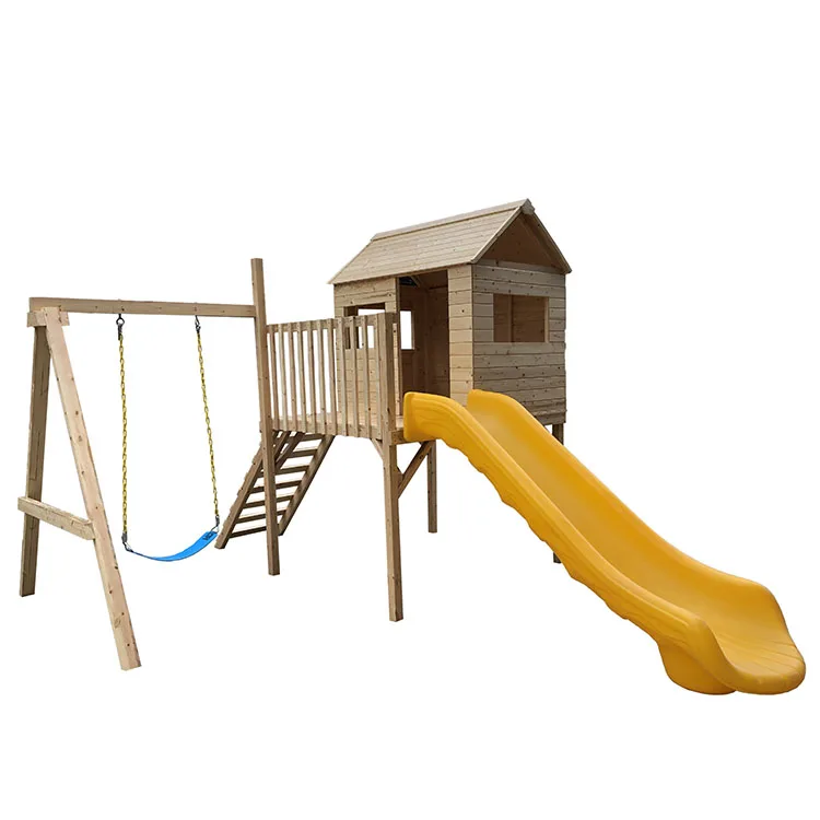 Garden Backyard Large Waterproof Wooden Playhouse For Kids Children Outdoor Wooden Timber Cubby House with Ladder and Slide