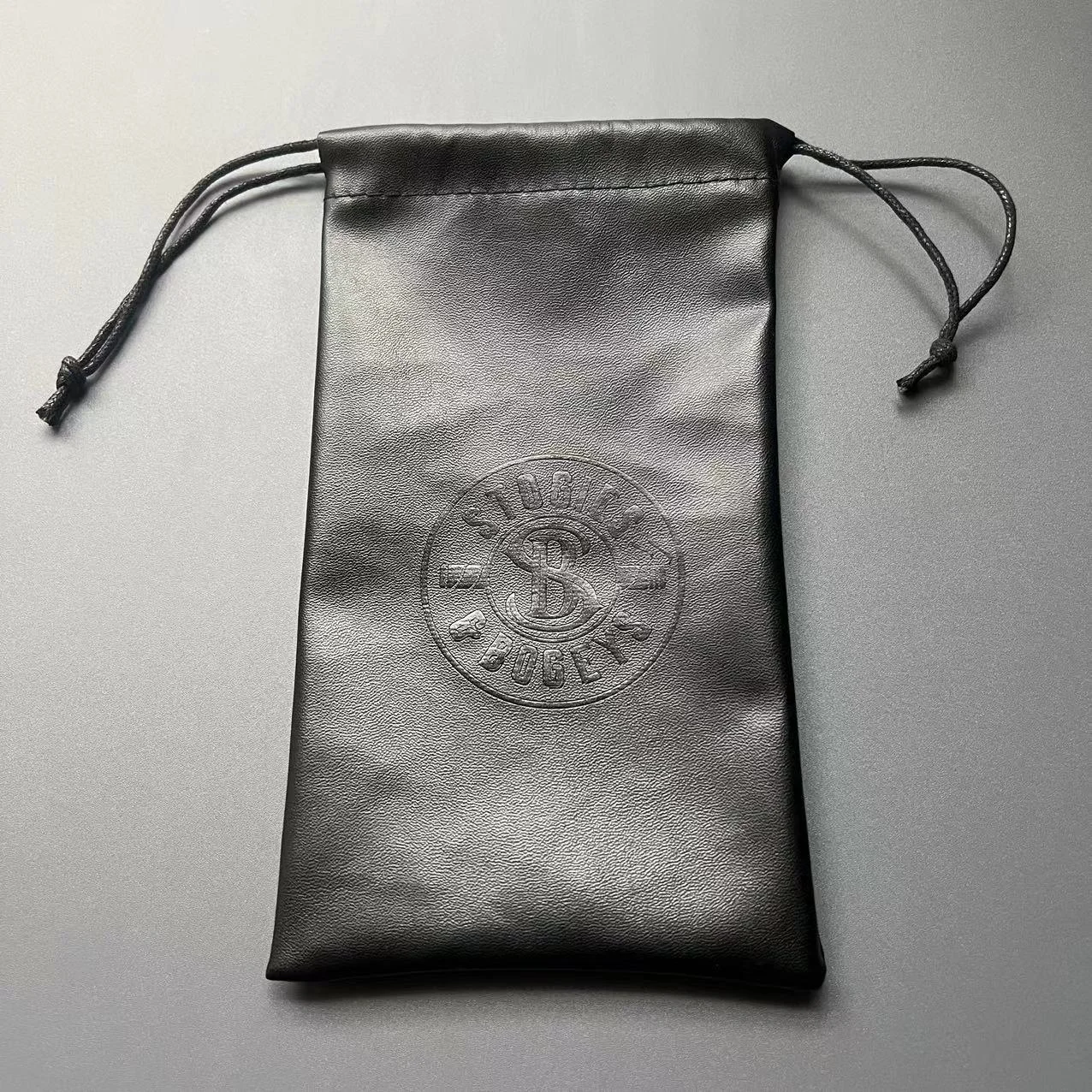 High Quality Black PU Leather Drawstring Sunglasses Eyeglasses Soft Bag with Custom Embossed Logo
