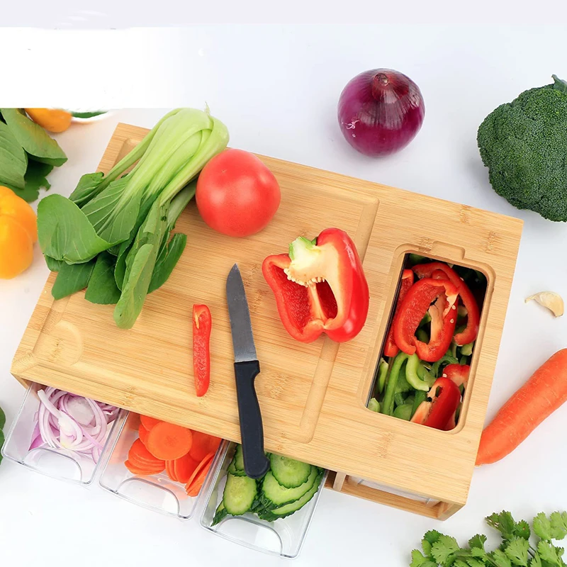 Household bamboo cutting board creative bamboo cutting board kitchen cutting board with 4 classification storage drawers