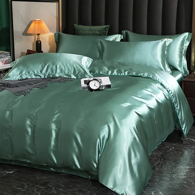 Solid Color Luxury Quilt Cover 4pcs Double-Sided Washed Silk Fabric Flat Fitted Bed Sheet Pillowcase Bedding Set