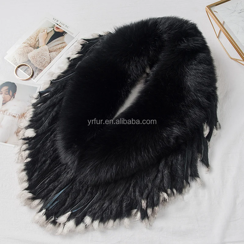 YR279 Detachable Fur Collar Fox Fur Shawl With Rabbit Fur Tassel