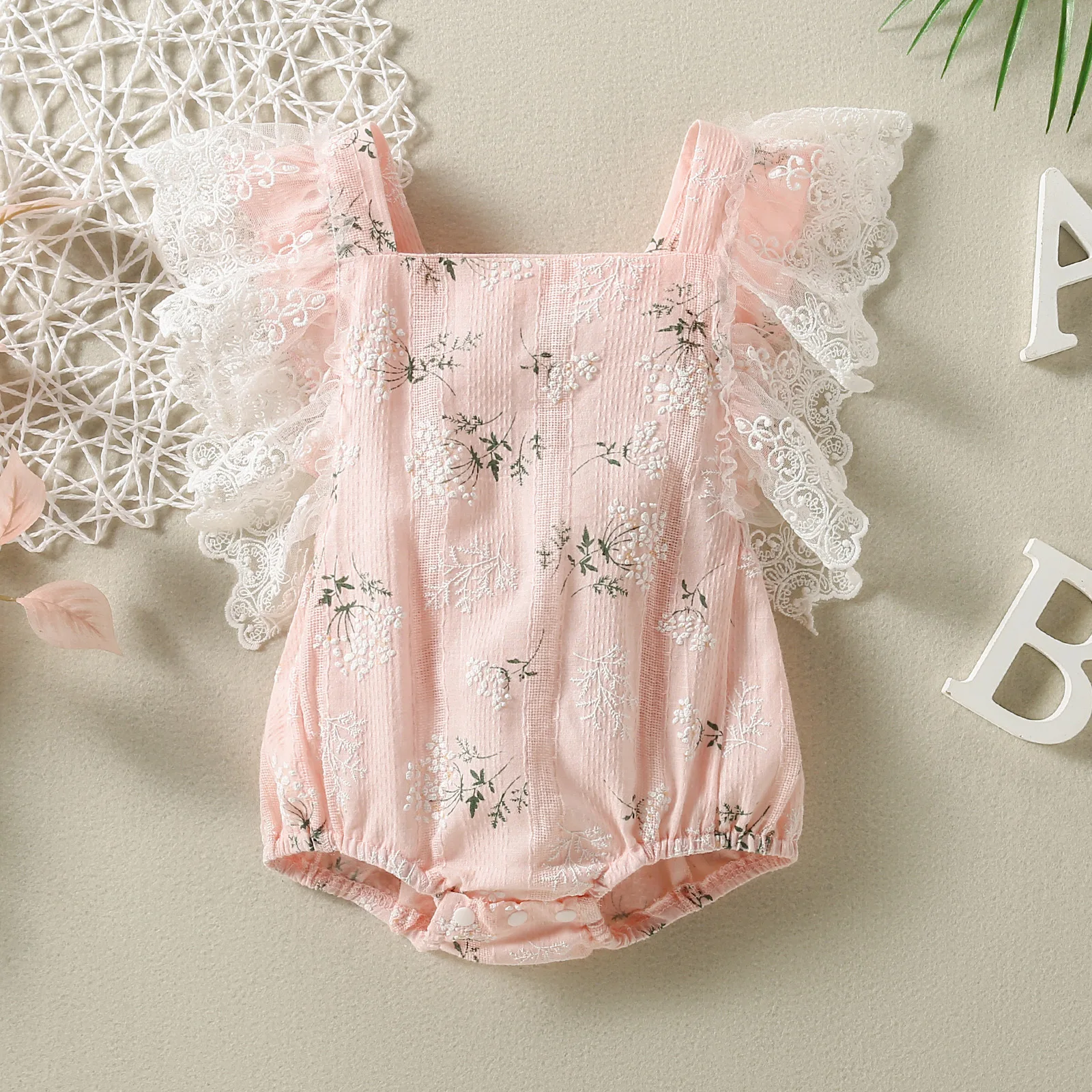 Luxury Printed Lace Trim Sleeveless Romper Baby Girl Clothes 3 To 6 Months Children Girls Summer Clothing