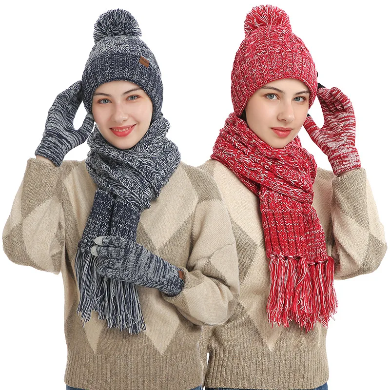 Cheap Men Women Acrylic Cashmere Stripe Knit Bobble Hat Beanie Scarf And Glove Sets