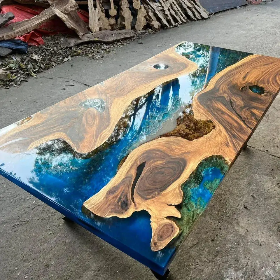 CZ-10 Vietnam High Quality Epoxy Resin Restaurant River Table - Natural Live Edge Solid Saman Wood