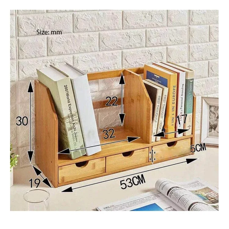 Desk Organizer with 3 Drawers Bamboo Wood Desktop Bookshelf Office Supplies Display Shelves
