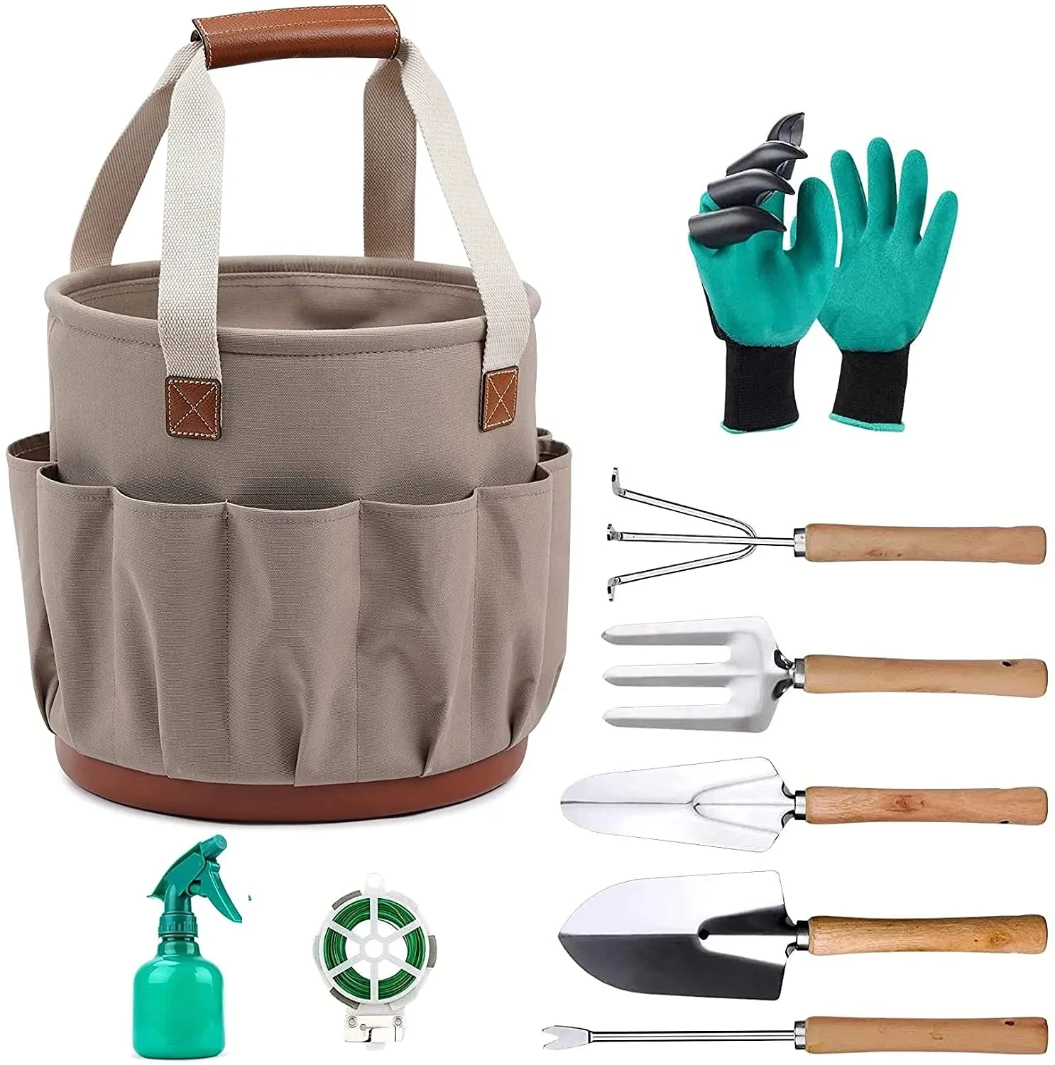 9 Pieces Garden Hand Tools Kit Include Weeder Rake Shovel Trowel Pickhoe Excavator Sprayer Clawed Gloves Tool Tote Bag