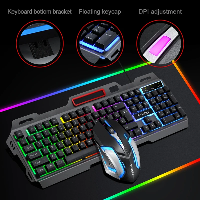 Amazon hot selling Mechanical gaming keyboard and mouse combo LED backlight iron feel keyboard 4D gaming mouse 3200DPI