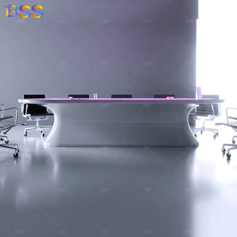 BSS Latest Stunning Unique 8 Seats Racetrack Shape Translucent Led Marble Luxury Oval Meeting Table