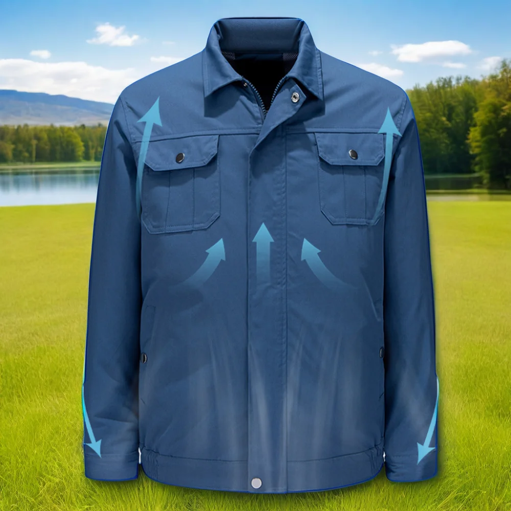 Fashion Blue Long Sleeve Summer Cool Fan Cooling Air Conditioner Jacket Fan Air Conditioning Clothes With Reflective Stripe