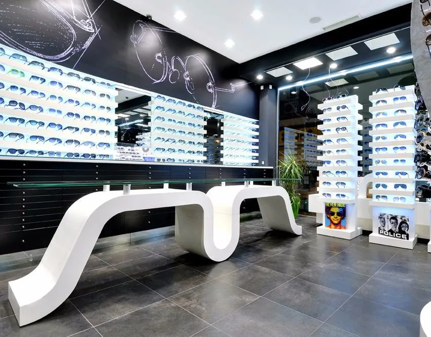 Новейший стиль оптические очки дизайн интерьера украшение магазина солнцезащитные витрина мебель для выставочного зала