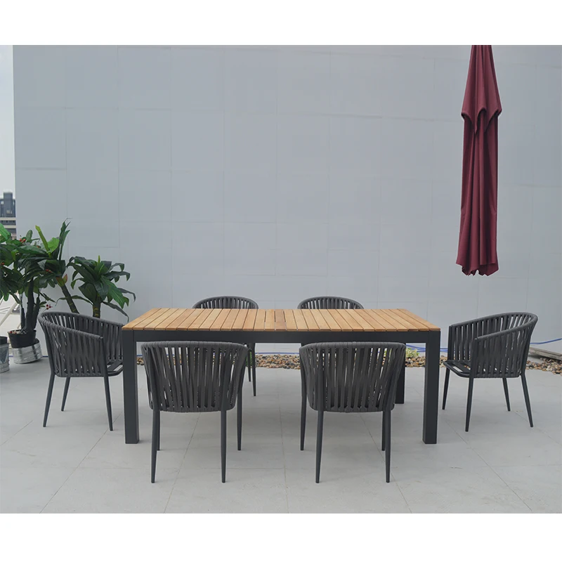 Outside Contemporary Teak Wood Dining Table and Woven Chairs Balcony Patio Furniture Set Outdoor