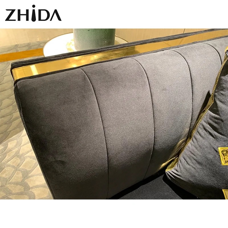 Italian sofa luxury style villa household furniture golden metal leg living room velvet sofa set