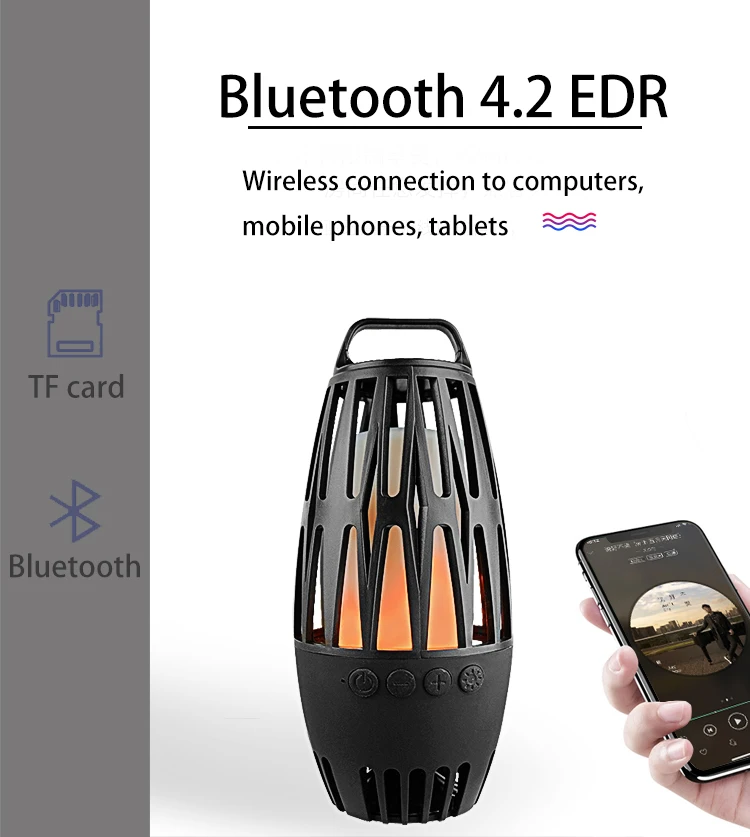 LED Flame Speaker, Wireless 5W 4 ohm Bass 8 Hours Fire Torch Night Light Music Dancing Flicker Atmosphere Table Lamp Speakers