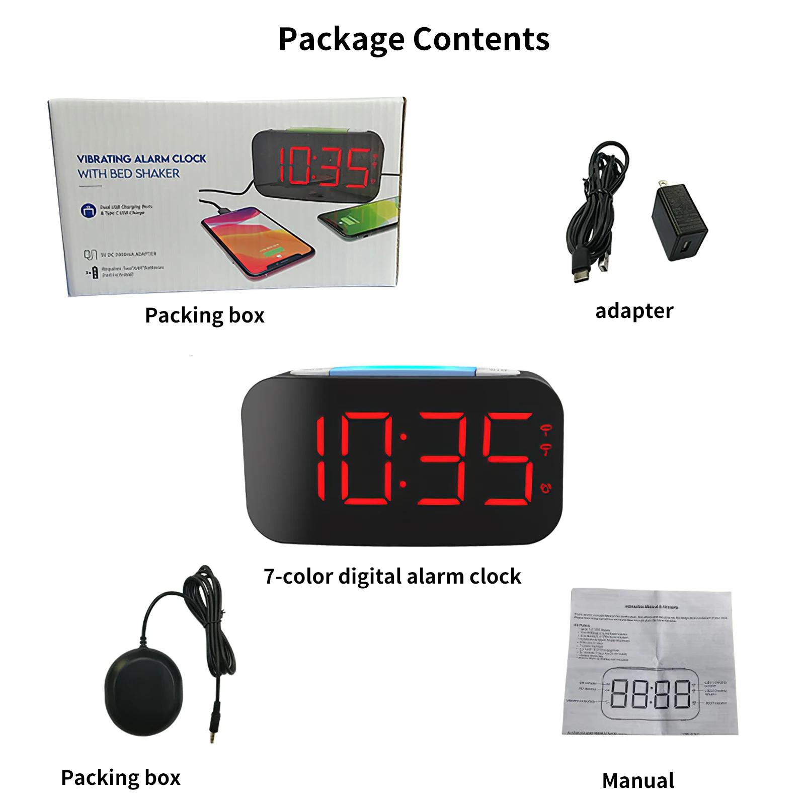 Многофункциональные часы-будильник для глухих вибрирующие часы с 2 Usb-зарядками 7 цветов Подушка-будильник США и Великобритании