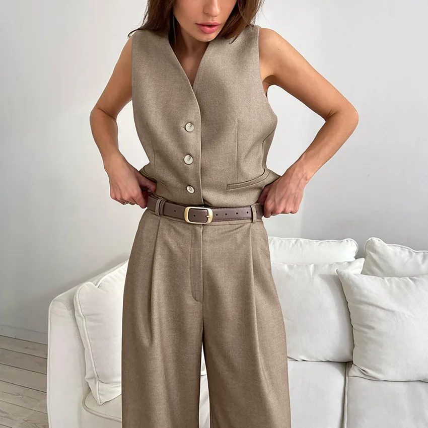 Women 2 Pieces Elegant Office Lady V-Neck Tops Fashion Solid High Waist Wide Leg Suit 2024 Summer  Pants Sets