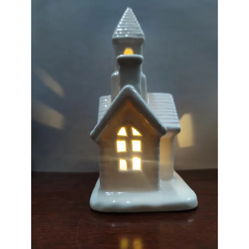 6 inch Christmas White Ceramic Town House Lantern Tea Lights Candle Holder