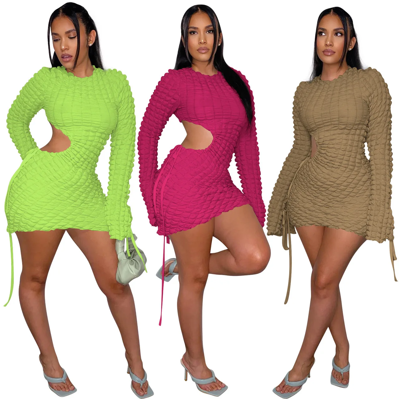 Hot selling Fashionable drawstring elastic bubble pattern hollow puffer long sleeve sexy mini dress women party bodycon dress