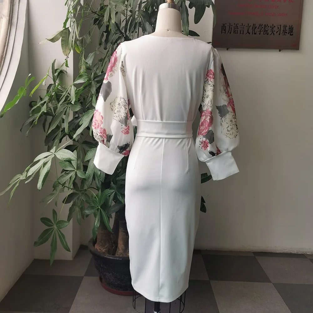 Latest Design Temperament Print Stitching O Neck Bandage Wrap Career Dress Ladies Office Dresses African Dresses