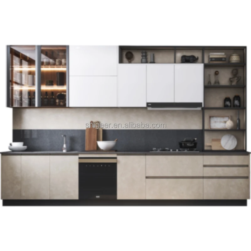 modern wooden melamine kitchen glass cabinet with corner swing tray