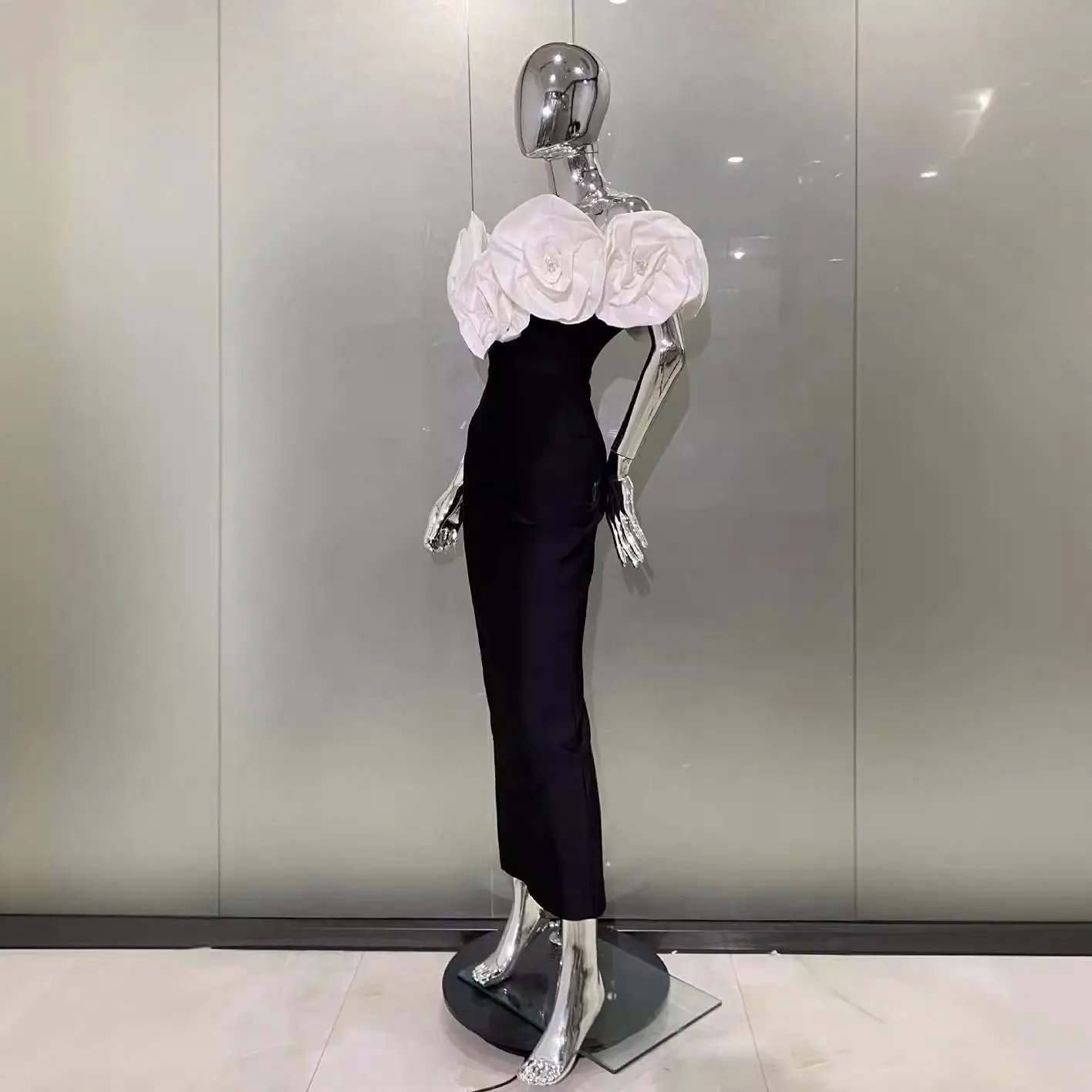 Amazon Cross-Border Hot Three-Dimensional Large Flower Off-Shoulder Hip Bag Dress Fashion Elegant Party Bandage Dress