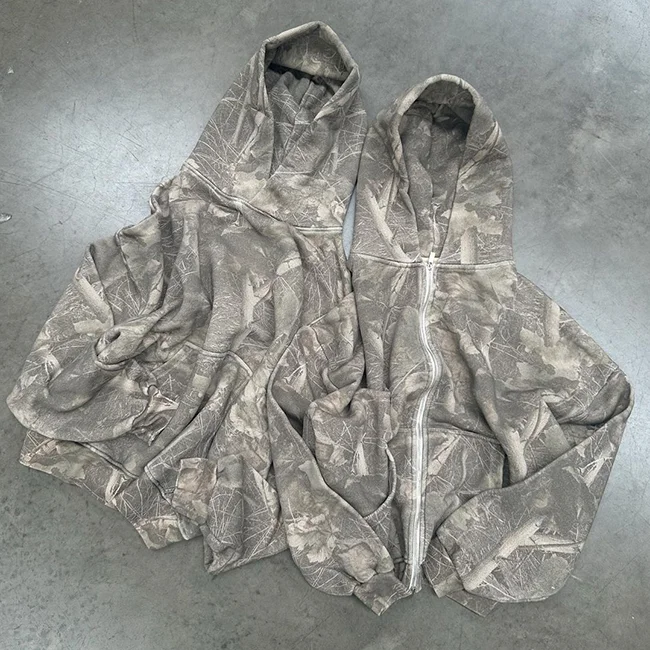 Custom Vintage Washed Hoodie 100% Cotton Camo Tree Graphic 500 Gsm Thick Oversize Acid Wash Zip Up Hoodie Men