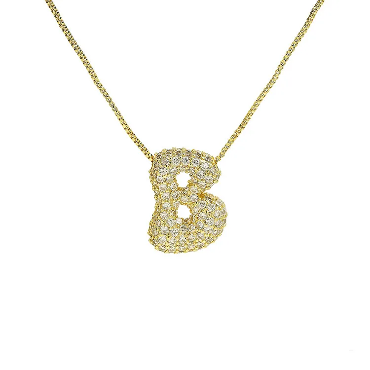 NZ1586 18K Gold Plated Relaxed Iced Out CZ Paved Studded Diamond Bubble Puffy Puff Letter Initial Charm Chain Necklace for Women