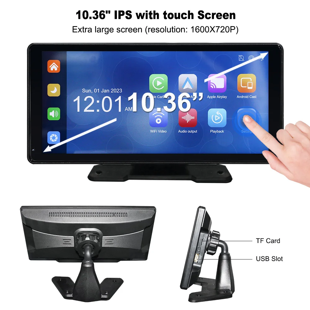 10.36 Inch Touch Screen Portable Carplay Android Auto GPS Navigation  4CH AHD 1080P 360 Panorama Camera for Trucks