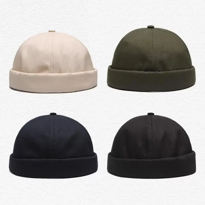 HZM-23388 Brimless Hats for Men Women Skullcap Men Vintage Docker Beanie Cap Washed Cotton Rolled Cuff Hat