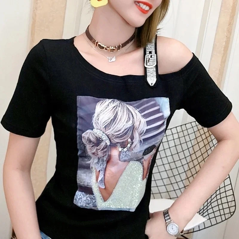 Summer Korean Clothes T-Shirt Fashion Print Sexy Skew Collar Diamonds Chain Women Tops Cotton Shirt Tees 2022 T32307Z