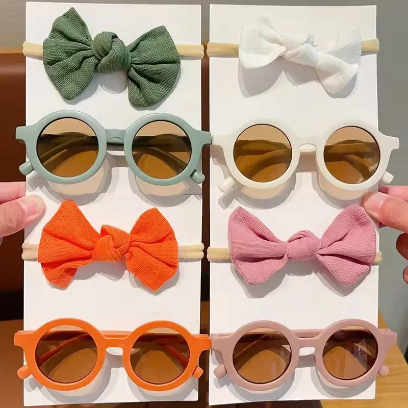 Low Price 2pcs/set Sunglasses With Elastic Hair Bands Nylon Baby Headband Design Round Sun Glasses Kids Puff Bow Headwear
