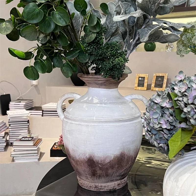 Matt White Vintage Flower Vase Retro Fiber Clay Flower Vases Home Decor Rustic Table Vases for Wedding Center Piece