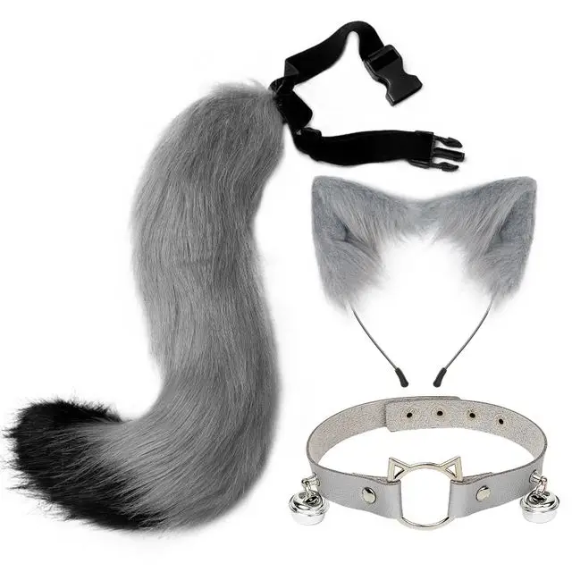Women Animal Cat Wolf Ears Headdress Tail Set Plush Lolita Headband Anime for Halloween Christmas Cosplay Accessories