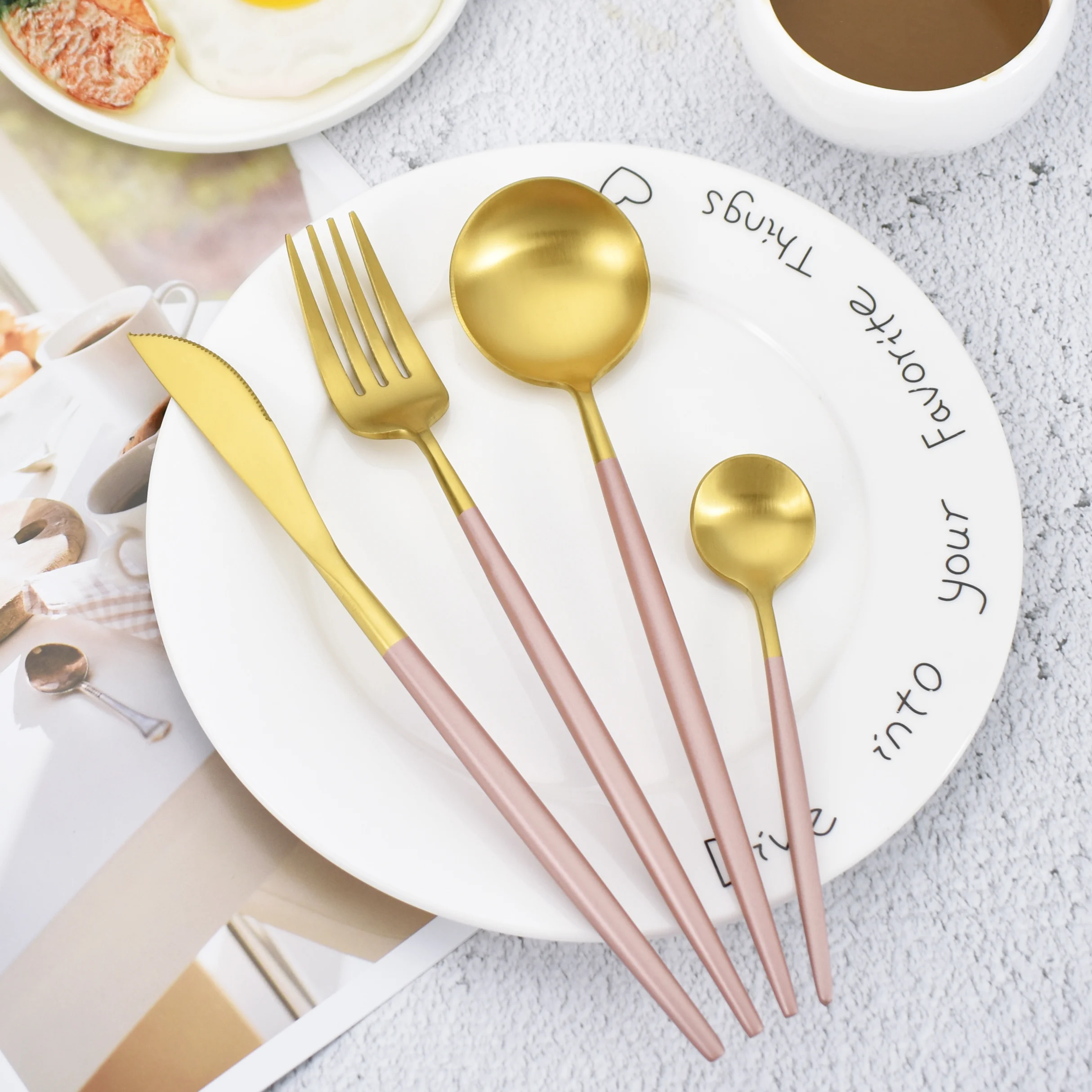 
Flatware manufacturer custom logo hotel wedding 304 Portuguese pink round handle matte gold stainless steel cutlery set 