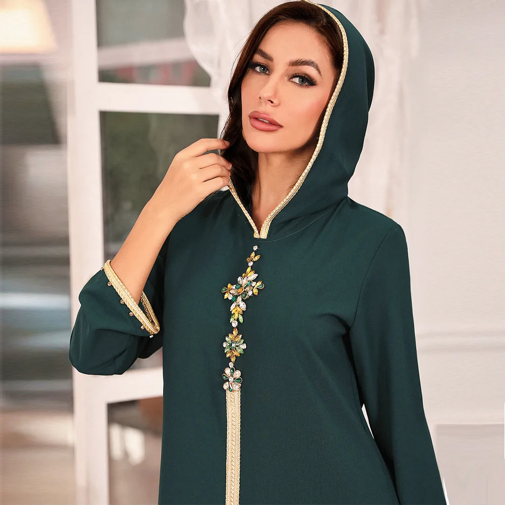 Wholesale Luxury Diamond Beaded abaya muslim dresse Dubai Arabic Muslim Avocado Green Hooded Abaya Islamic Wear Women Clothing