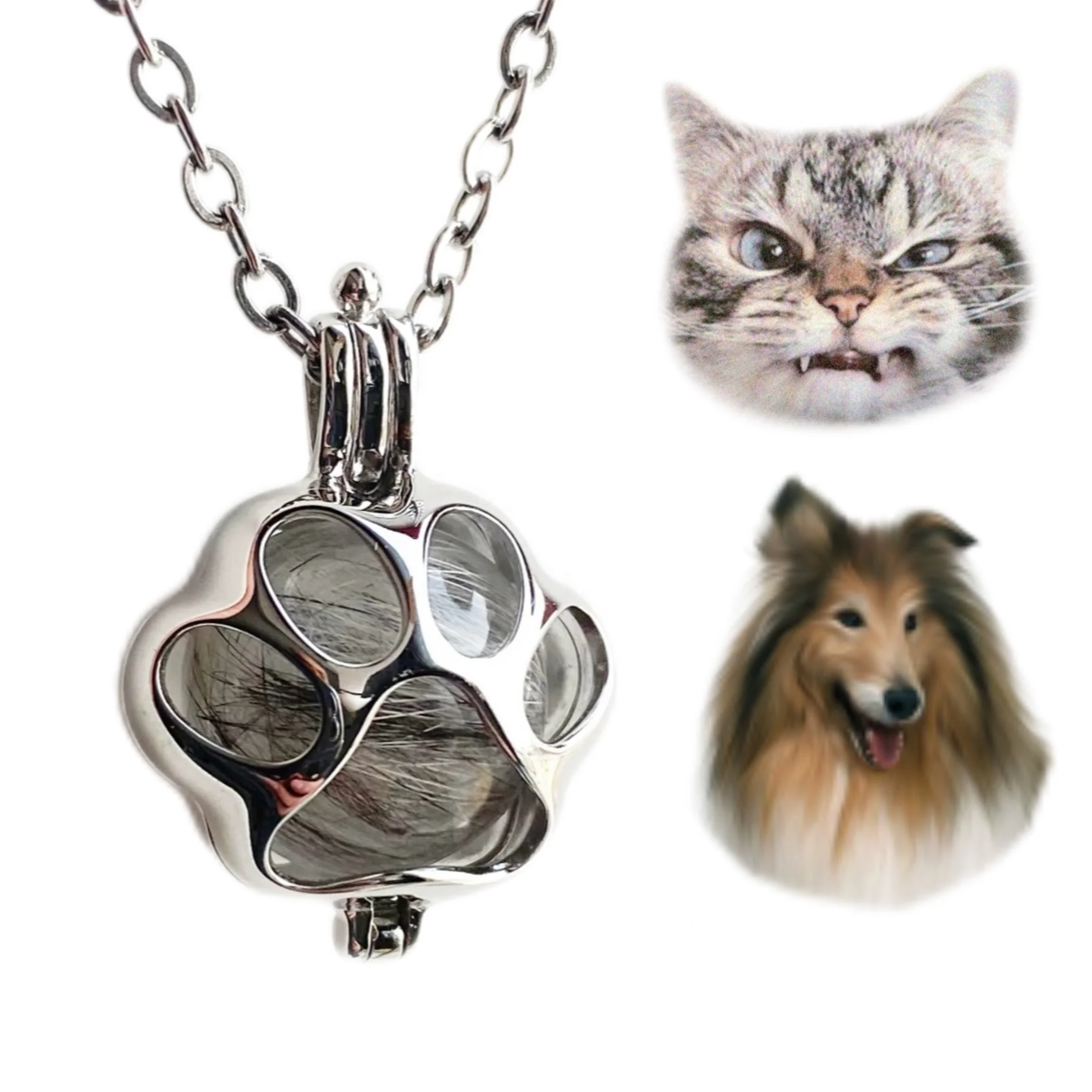 Elegant Silver Colored Necklace with Etch Carved Pawprint Charms For Pet Ashes and Fur
