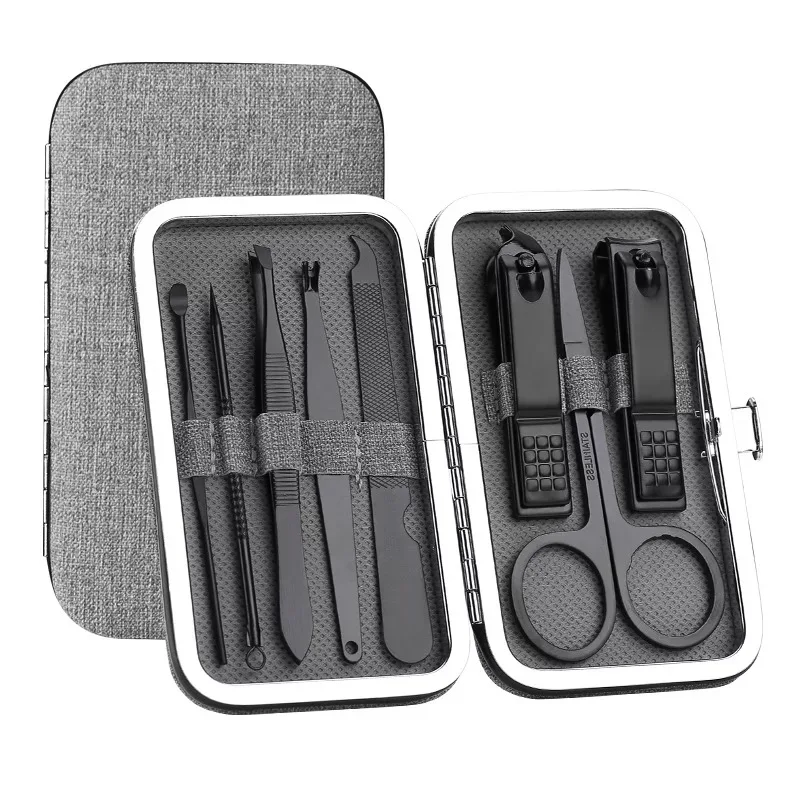 7/8pcs stainless steel manicure set in black pink gray case
