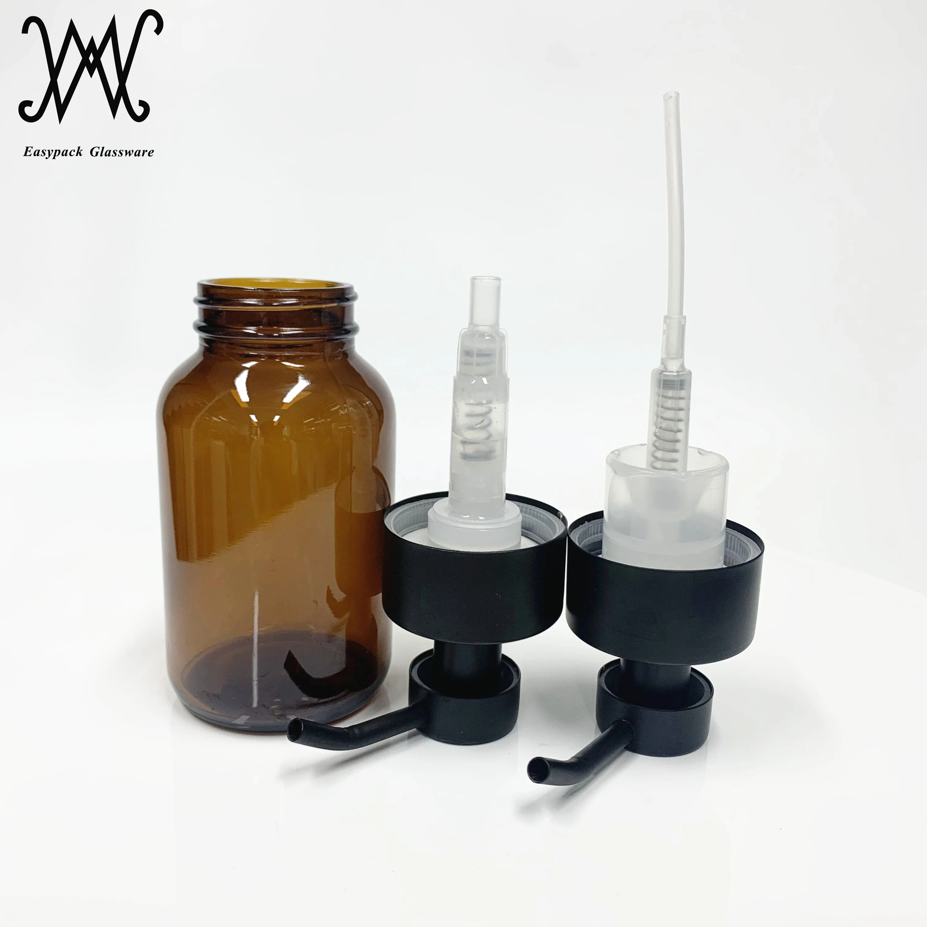 
250ml wide mouth amber glass bottle with matte black stainless steel hand soap dispenser pump 