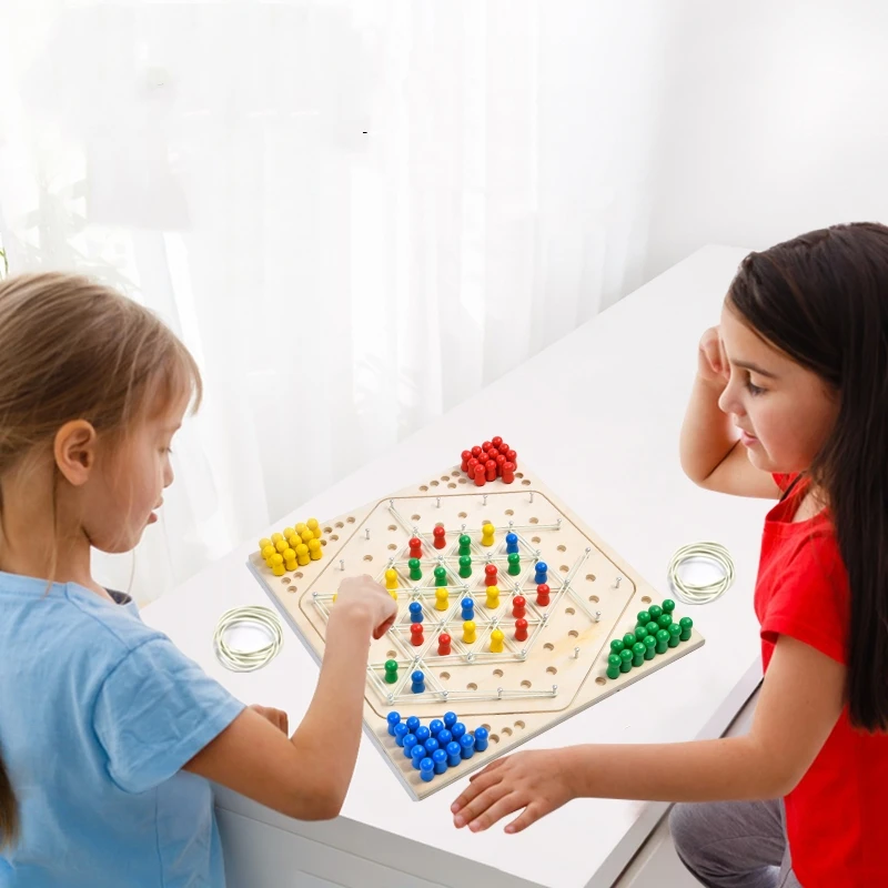 Family Board Brainteaser Strategy Games Chain Triangle Chess Game with Rubber Bands