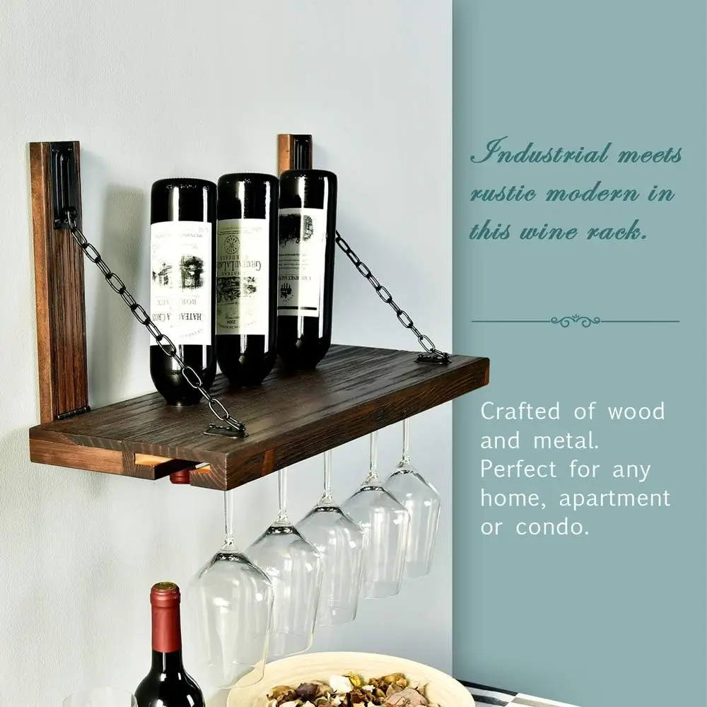 Wall Mounted Wine Rack with Glass Holder  Floating Wine Shelf for Kitchen Rustic Pine Wood
