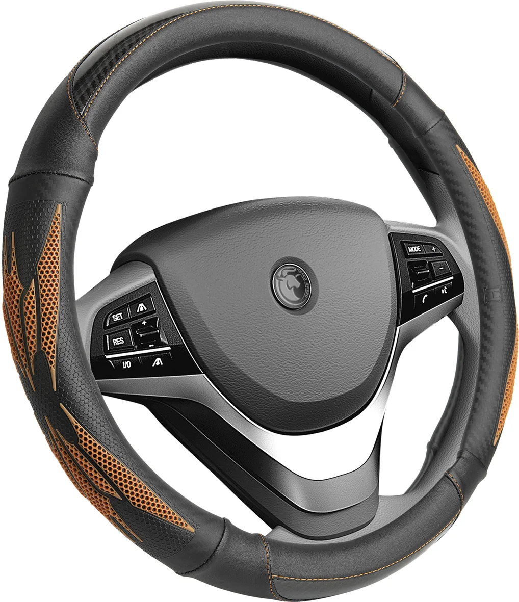 MELCO  GripDrive Red Carbon Fiber,Standard 15 inch Size, Faux Leather Comfort Grip, Car Steering Wheel Cover for Truck Van SUV
