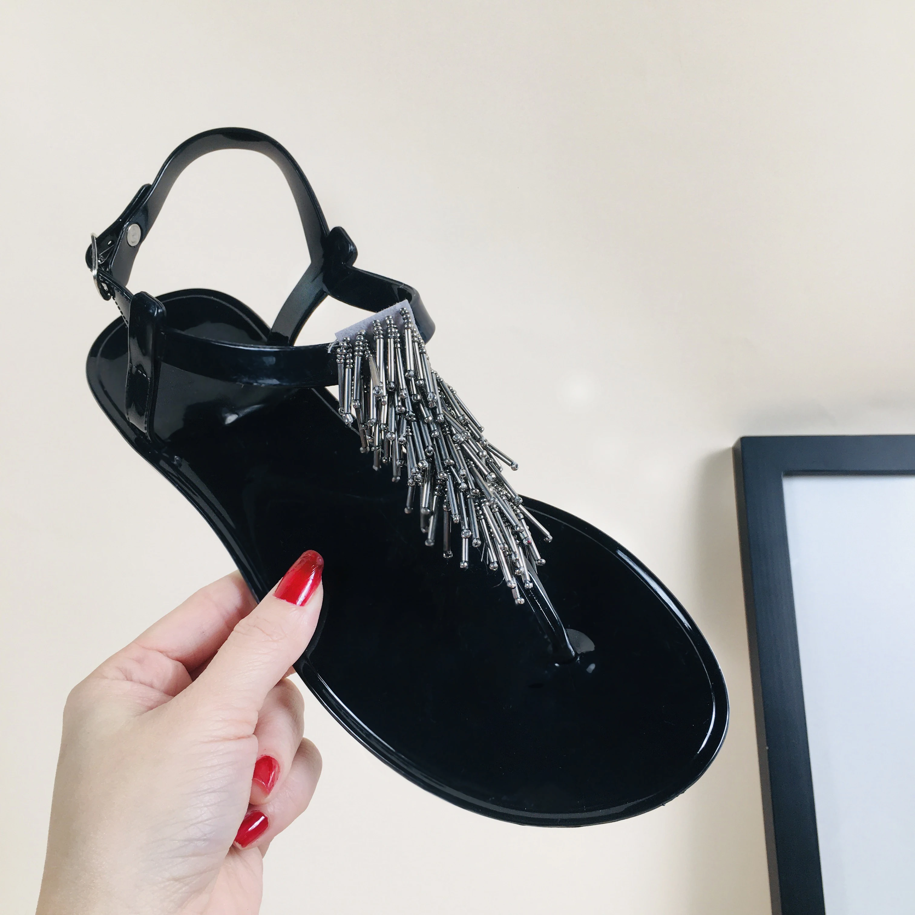 2022 Summer Custom Pudding Sneaker Rhinestones Wholesale Luxury Beach Platform Pearl Pvc Flat Handmade beaded Jelly Shoes