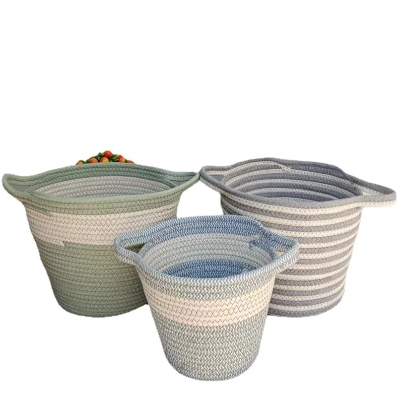 Handmade woven cotton rope storage basket with handles woven baby toyts container laundry storage basket for home and hotel